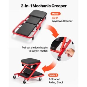 40 in 2 in 1 folding mechanic creeper, z creeper seat & under car garage roller, 450 lbs rolling creeper stool with 6 swivel casters, padded headrest for auto repair