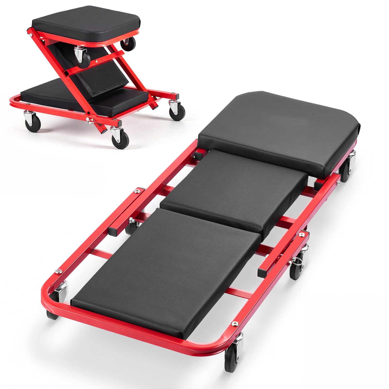 40 in 2 in 1 folding mechanic creeper, z creeper seat & under car garage roller, 450 lbs rolling creeper stool with 6 swivel casters, padded headrest for auto repair