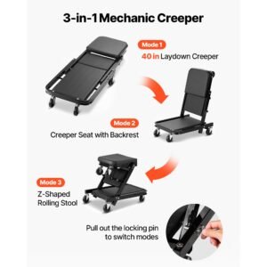 40 in 3 in 1 folding mechanic creeper, heavy duty z creeper garage roller, 480 lbs under car rolling creeper with 6 swivel casters, padded seat for auto repair