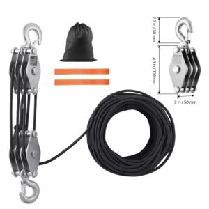 4400 lbs breaking strength 100 ft rope pulley hoist, 5:1 lifting power heavy duty pulley system with 2pcs soft loops, metal wheels bearing structure, block and tackle for lifting heavy objects