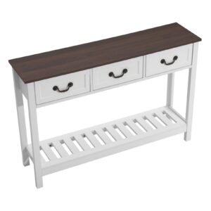 47 in Console Table, Farmhouse Desk Behind the Couch with Drawers and Bottom Storage Shelf, Wooden Rectangle Entrance Narrow Sofa Table for Hallway, Bedroom, Living Room, Foyer, Brown + White