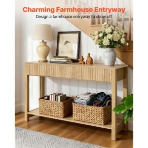 47 in console table, farmhouse desk behind the couch with drawers and bottom storage shelf, wooden rectangle entrance narrow sofa table for hallway, bedroom, living room, foyer, burlywood