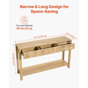 47 in console table, farmhouse desk behind the couch with drawers and bottom storage shelf, wooden rectangle entrance narrow sofa table for hallway, bedroom, living room, foyer, burlywood