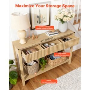 47 in console table, farmhouse desk behind the couch with drawers and bottom storage shelf, wooden rectangle entrance narrow sofa table for hallway, bedroom, living room, foyer, burlywood