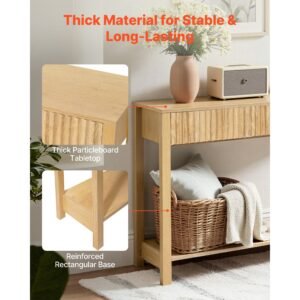 47 in console table, farmhouse desk behind the couch with drawers and bottom storage shelf, wooden rectangle entrance narrow sofa table for hallway, bedroom, living room, foyer, burlywood