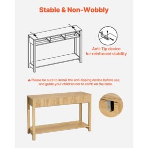 47 in console table, farmhouse desk behind the couch with drawers and bottom storage shelf, wooden rectangle entrance narrow sofa table for hallway, bedroom, living room, foyer, burlywood