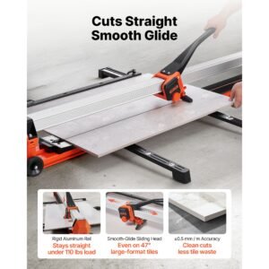 47.2 inch manual tile cutter, upgraded rail and sliding head, precision alignment guide, tungsten carbide cutting wheel, support legs with swivel wheels, for diy pros, ceramic, floor, wall tiles