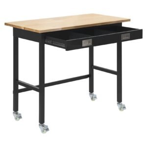 48-inch Workbench, 1500 lbs Load Capacity, Garage Workbench with Drawer Storage & Wheels, Workshop Bench on Wheels, Heavy Duty Oak Wood Top Work Table for Garage, Workshop, Office, and Home