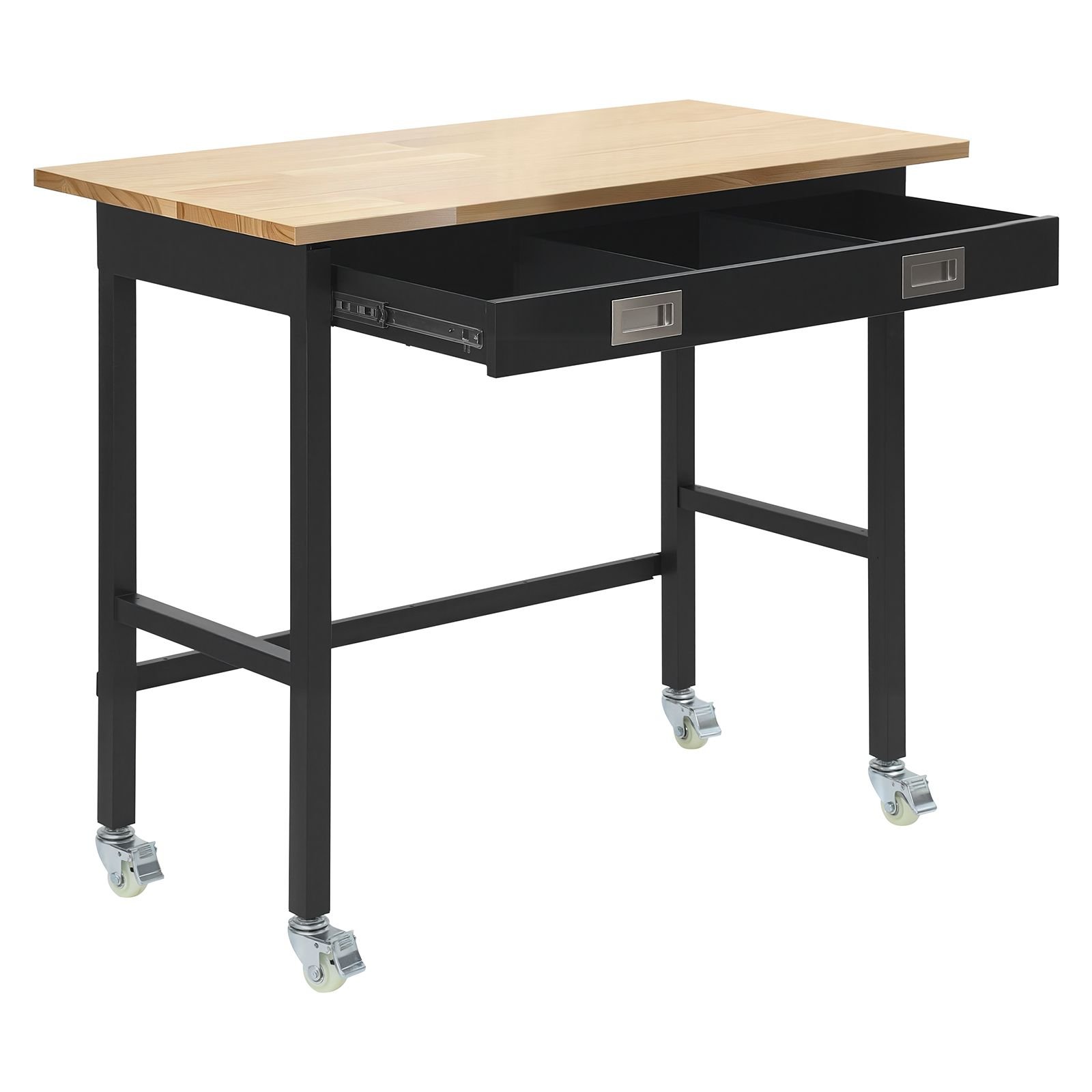 48 inch workbench, 1500 lbs load capacity, garage workbench with drawer storage & wheels, workshop bench on wheels, heavy duty oak wood top work table for garage, workshop, office, and home