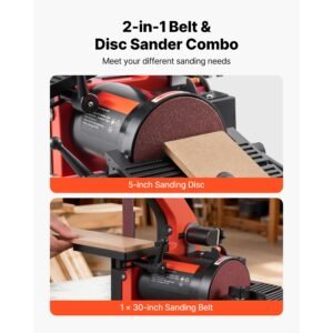 5" disc sander & 1" x 30" belt sander, 250w benchtop belt disc sanders combo with 0 45° adjustable worktable & dust collection ports for woodworking, furniture refinishing, diy crafting