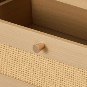 5 drawer rattan dresser, modern closet dresser for bedroom, natural rattan chest of drawers with metal handles & wooden legs, chest clothing organizer & storage for bedroom, living room, hallway