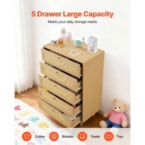 5 drawer rattan dresser, modern closet dresser for bedroom, natural rattan chest of drawers with metal handles & wooden legs, chest clothing organizer & storage for bedroom, living room, hallway