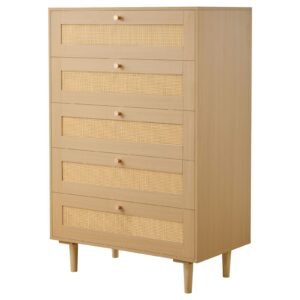 5 Drawer Rattan Dresser, Modern Closet Dresser for Bedroom, Natural Rattan Chest of Drawers with Metal Handles & Wooden Legs, Chest Clothing Organizer & Storage for Bedroom, Living Room, Hallway