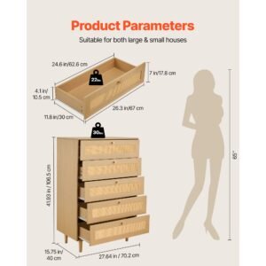 5 drawer rattan dresser, modern closet dresser for bedroom, natural rattan chest of drawers with metal handles & wooden legs, chest clothing organizer & storage for bedroom, living room, hallway