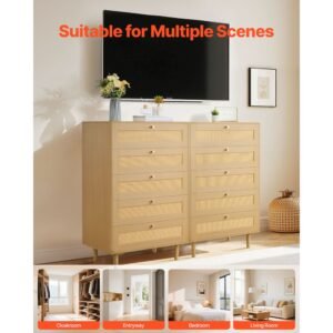 5 drawer rattan dresser, modern closet dresser for bedroom, natural rattan chest of drawers with metal handles & wooden legs, chest clothing organizer & storage for bedroom, living room, hallway