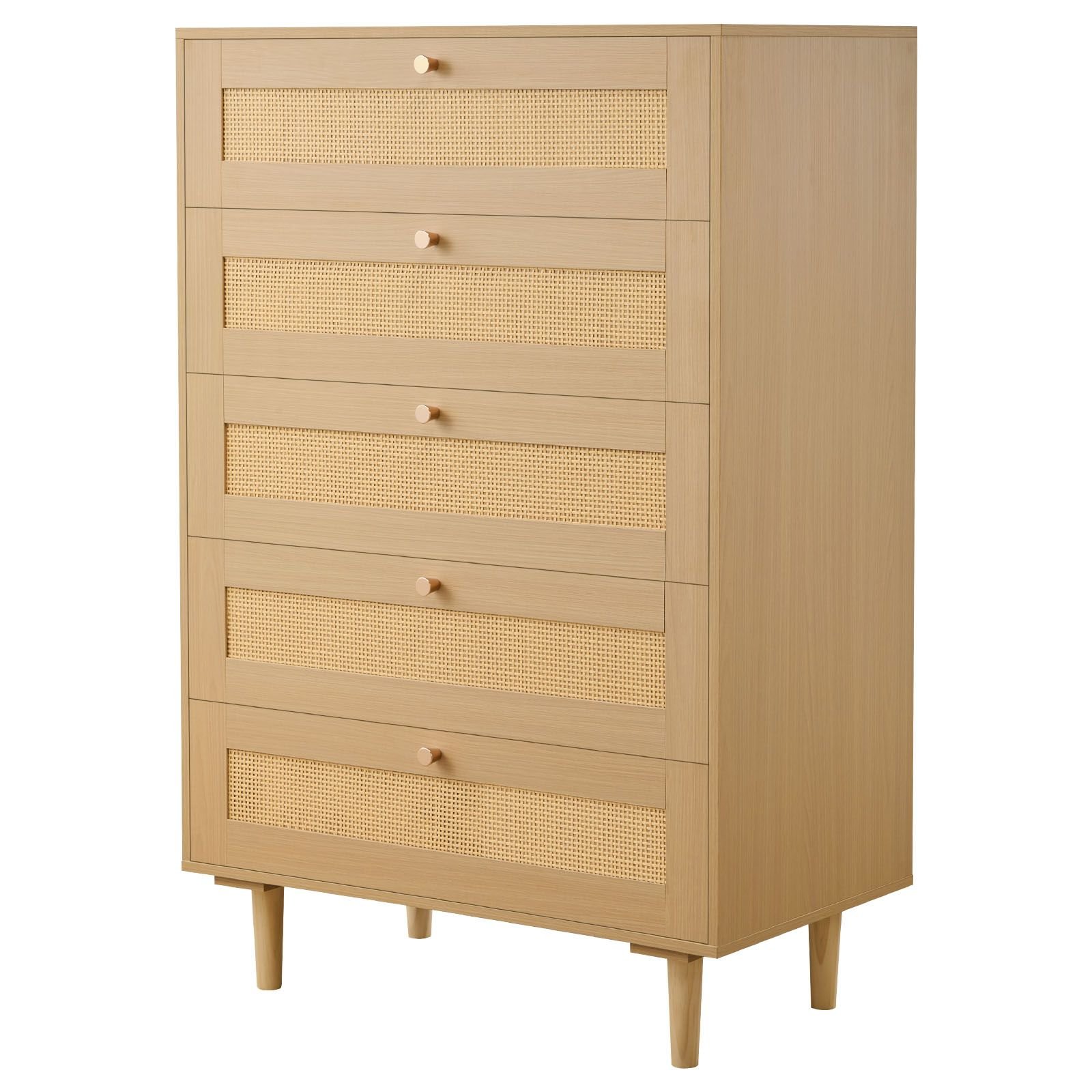 5 drawer rattan dresser, modern closet dresser for bedroom, natural rattan chest of drawers with metal handles & wooden legs, chest clothing organizer & storage for bedroom, living room, hallway