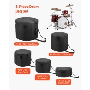 5 piece drum case set, 600d, padded drum bags for 22 in bass, 12/13/16 in tom, 14 in snare, thick padding, lightweight protective covers travel storage cases, for drums accessories protection