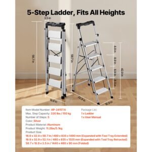 5 step ladder, folding step stool with wide anti slip pedal and comfort handgrip, 330 lbs capacity portable aluminum stepladder, multi use for kitchen, warehouse, household and office, silver