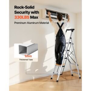 5 step ladder, folding step stool with wide anti slip pedal and comfort handgrip, 330 lbs capacity portable aluminum stepladder, multi use for kitchen, warehouse, household and office, silver