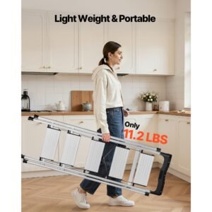 5 step ladder, folding step stool with wide anti slip pedal and comfort handgrip, 330 lbs capacity portable aluminum stepladder, multi use for kitchen, warehouse, household and office, silver