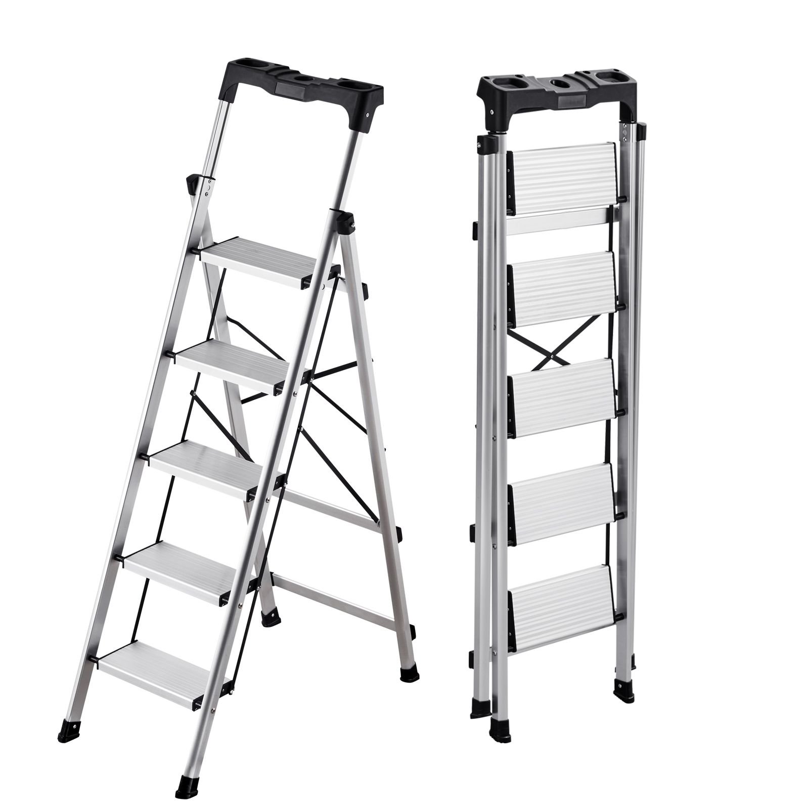 5 step ladder, folding step stool with wide anti slip pedal and comfort handgrip, 330 lbs capacity portable aluminum stepladder, multi use for kitchen, warehouse, household and office, silver