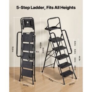 5 step ladder, folding step stool with wide anti slip pedal, tool tray, dual side handrails, 600 lbs capacity portable steel ladder, multi use for kitchen, home, household and office, black