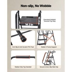 5 step ladder, folding step stool with wide anti slip pedal, tool tray, dual side handrails, 600 lbs capacity portable steel ladder, multi use for kitchen, home, household and office, black
