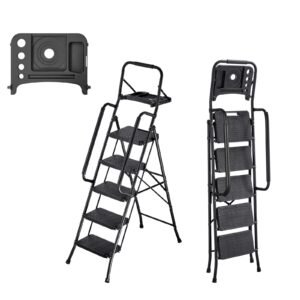 5 Step Ladder, Folding Step Stool with Wide Anti-Slip Pedal, Tool Tray, Dual Side Handrails, 600 lbs Capacity Portable Steel Ladder, Multi-Use for Kitchen, Home, Household and Office, Black
