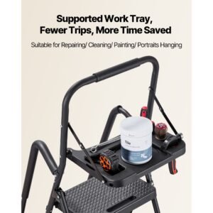 5 step ladder, folding step stool with wide anti slip pedal, tool tray, dual side handrails, 600 lbs capacity portable steel ladder, multi use for kitchen, home, household and office, black