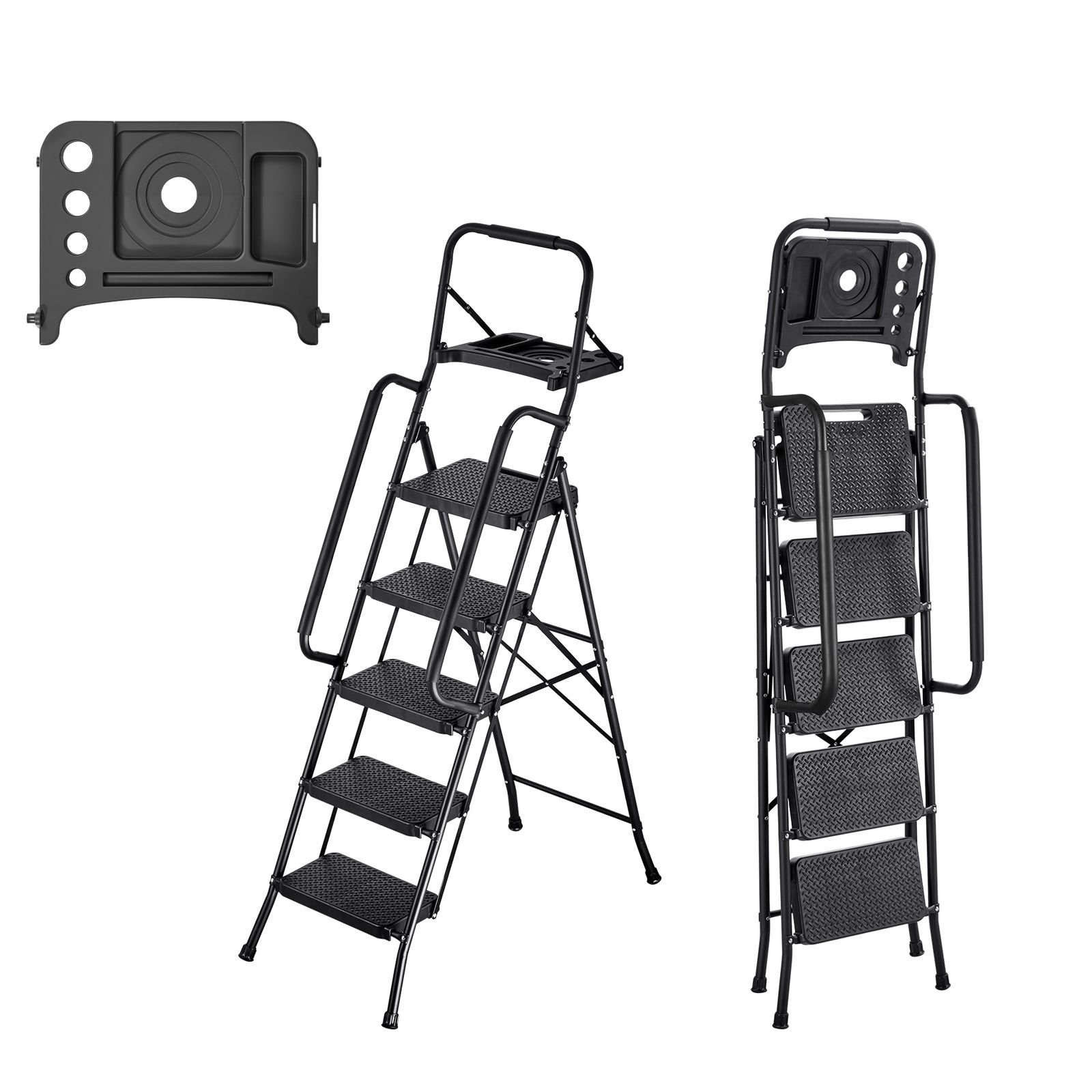 5 step ladder, folding step stool with wide anti slip pedal, tool tray, dual side handrails, 600 lbs capacity portable steel ladder, multi use for kitchen, home, household and office, black