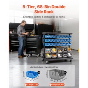 5 tier double sided rolling bin storage rack, 68 organizer bins, dual sided parts organizer with wheels, mobile tool organizer plastic bins for garage, warehouse, office, restaurant, classroom