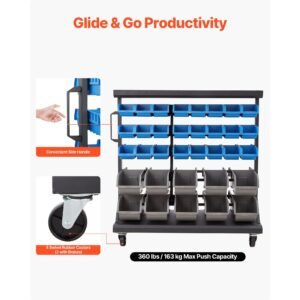 5 tier double sided rolling bin storage rack, 68 organizer bins, dual sided parts organizer with wheels, mobile tool organizer plastic bins for garage, warehouse, office, restaurant, classroom