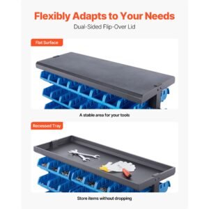 5 tier double sided rolling bin storage rack, 68 organizer bins, dual sided parts organizer with wheels, mobile tool organizer plastic bins for garage, warehouse, office, restaurant, classroom