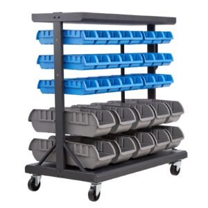 5-Tier Double-Sided Rolling Bin Storage Rack, 68 Organizer Bins, Dual-Sided Parts Organizer with Wheels, Mobile Tool Organizer Plastic Bins for Garage, Warehouse, Office, Restaurant, Classroom