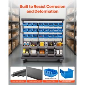 5 tier double sided rolling bin storage rack, 68 organizer bins, dual sided parts organizer with wheels, mobile tool organizer plastic bins for garage, warehouse, office, restaurant, classroom