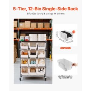 5 tier rolling bin storage rack, 12 organizer bins, bin rack storage steel wire shelving system with wheels, mobile tool organizer for garage, warehouse, office, restaurant, classroom, kitchen