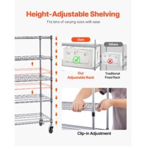 5 tier rolling bin storage rack, 12 organizer bins, bin rack storage steel wire shelving system with wheels, mobile tool organizer for garage, warehouse, office, restaurant, classroom, kitchen