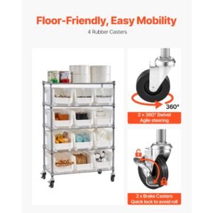 5 tier rolling bin storage rack, 12 organizer bins, bin rack storage steel wire shelving system with wheels, mobile tool organizer for garage, warehouse, office, restaurant, classroom, kitchen