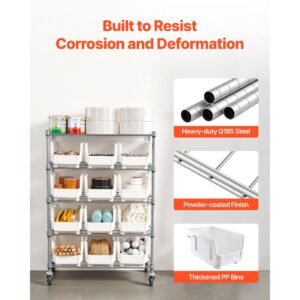 5 tier rolling bin storage rack, 12 organizer bins, bin rack storage steel wire shelving system with wheels, mobile tool organizer for garage, warehouse, office, restaurant, classroom, kitchen