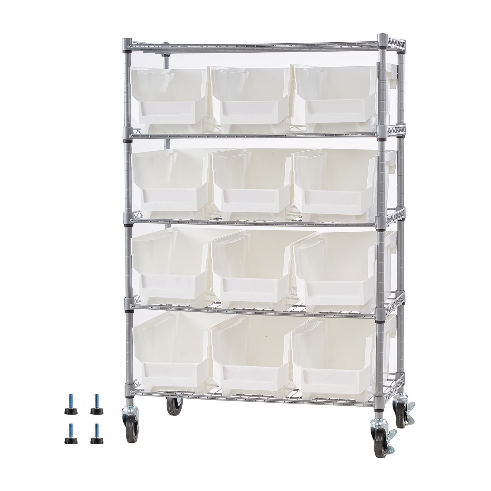5 tier rolling bin storage rack, 12 organizer bins, bin rack storage steel wire shelving system with wheels, mobile tool organizer for garage, warehouse, office, restaurant, classroom, kitchen
