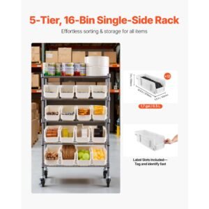 5 tier rolling bin storage rack, 16 organizer bins, bin rack storage steel wire shelving system with wheels, mobile tool organizer for garage, warehouse, office, restaurant, classroom, kitchen