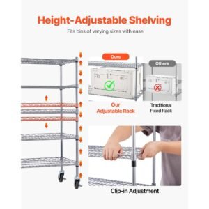 5 tier rolling bin storage rack, 16 organizer bins, bin rack storage steel wire shelving system with wheels, mobile tool organizer for garage, warehouse, office, restaurant, classroom, kitchen