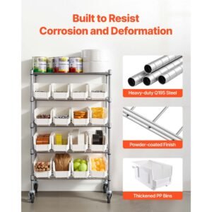 5 tier rolling bin storage rack, 16 organizer bins, bin rack storage steel wire shelving system with wheels, mobile tool organizer for garage, warehouse, office, restaurant, classroom, kitchen