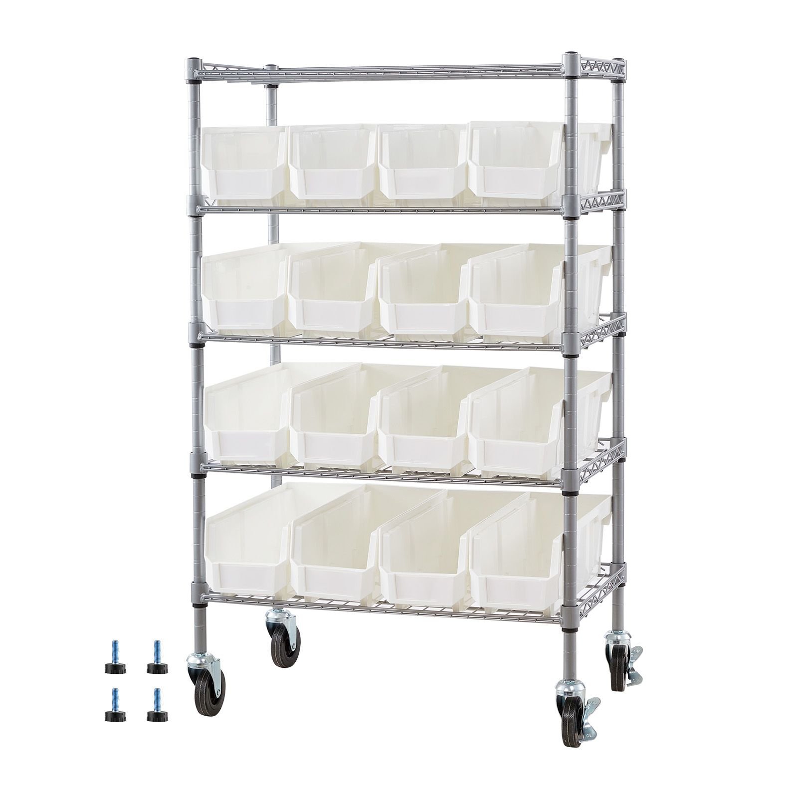 5 tier rolling bin storage rack, 16 organizer bins, bin rack storage steel wire shelving system with wheels, mobile tool organizer for garage, warehouse, office, restaurant, classroom, kitchen