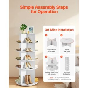 5 tiers rotating shoe rack tower, 360° spinning shoe rack, revolving storage round carousel display, freestanding lazy susan organizer display for bedroom, living room, entryway, closet, white