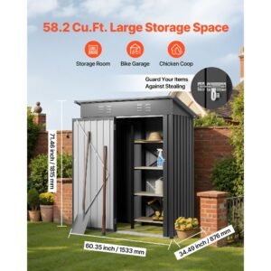 5 x 3 ft metal garden shed, storage building with lockable door & 2 louver vents, sloped roof metal outdoor storage shed, tool sheds outdoor storage for backyard, garden, patio, bike, gray