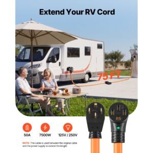50 amp 75 feet rv extension cord, 125v/250v 7500w, heavy duty 6/3 + 8/1 gauge stw rv power cord, nema 14 50p to nema 14 50r, with power indicator, cord organizer, 15a adapter, for camper trailer