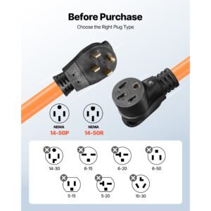 50 amp 75 feet rv extension cord, 125v/250v 7500w, heavy duty 6/3 + 8/1 gauge stw rv power cord, nema 14 50p to nema 14 50r, with power indicator, cord organizer, 15a adapter, for camper trailer
