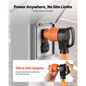 50 amp 75 feet rv extension cord, 125v/250v 7500w, heavy duty 6/3 + 8/1 gauge stw rv power cord, nema 14 50p to nema 14 50r, with power indicator, cord organizer, 15a adapter, for camper trailer