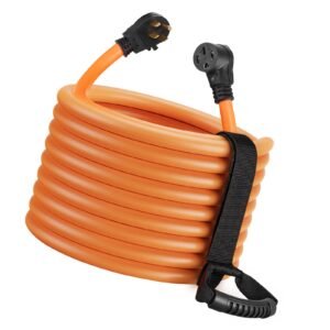 50 Amp 75 Feet RV Extension Cord, 125V/250V 7500W, Heavy Duty 6/3 + 8/1 Gauge STW RV Power Cord, NEMA 14-50P to NEMA 14-50R, with Power Indicator, Cord Organizer, 15A Adapter, for Camper Trailer